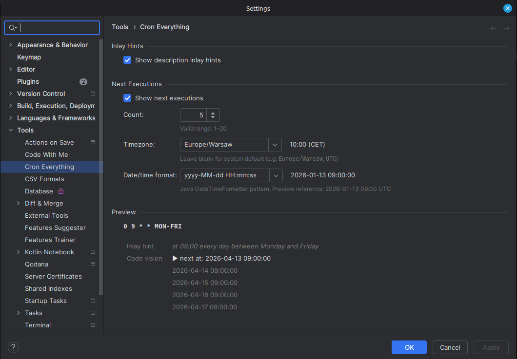 Cron Everything plugin settings