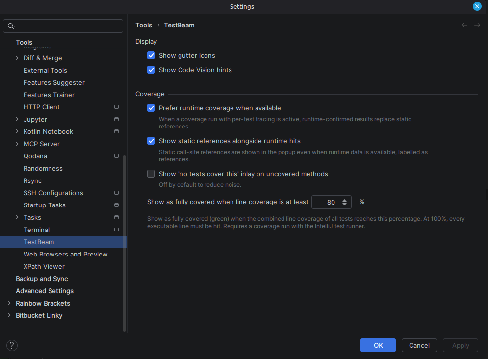 TestBeam plugin settings